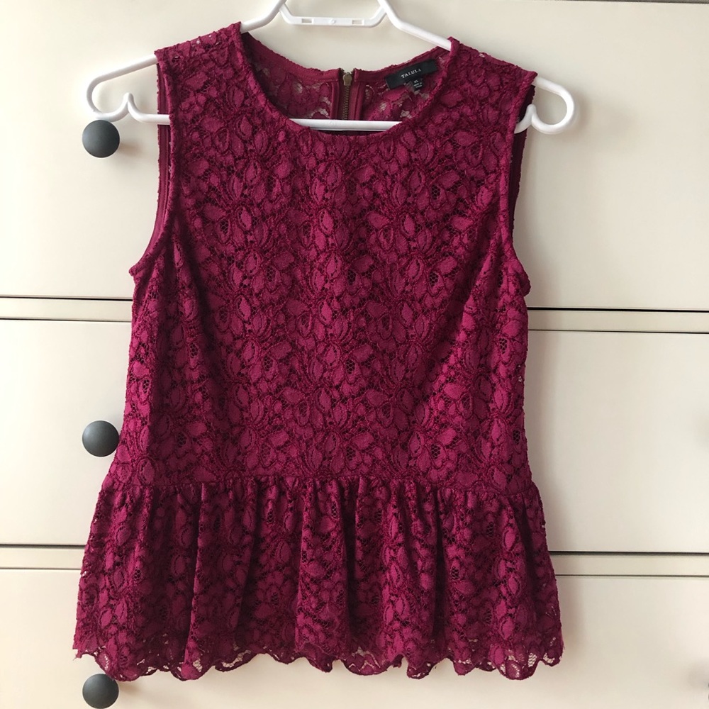 Sleeveless, lace Talula top in burgundy, size XS
